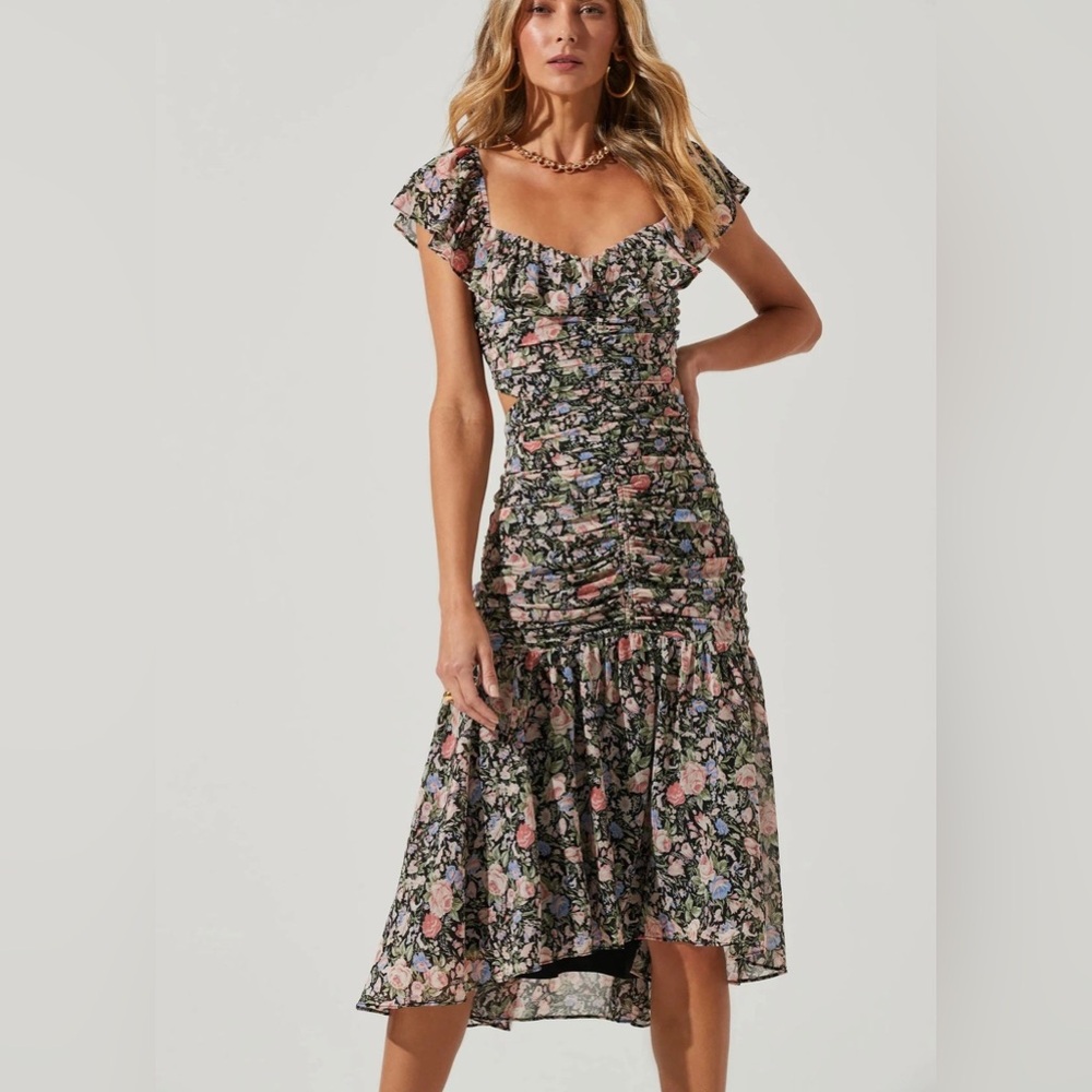 Astr Floral Midi Dress in Black with Pink and Green Accents